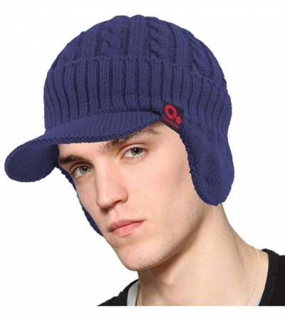 Skullies & Beanies Daily Knit Visor Brim Beanie Hat Fleece Lined Skull Ski Cap - Blue With Earflaps - CW18L8U2YT4 $14.43
