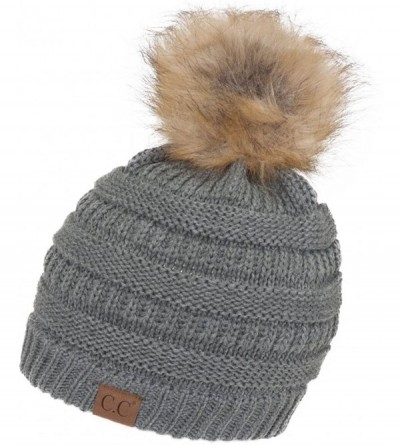 Skullies & Beanies Cable Knit Faux Fur Pom Pom Beanie Hat - Light Melange Grey - CR12M1RC77F $10.79