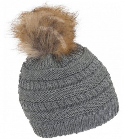 Skullies & Beanies Cable Knit Faux Fur Pom Pom Beanie Hat - Light Melange Grey - CR12M1RC77F $10.79