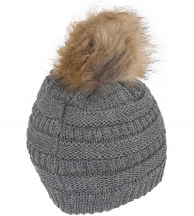 Skullies & Beanies Cable Knit Faux Fur Pom Pom Beanie Hat - Light Melange Grey - CR12M1RC77F $10.79