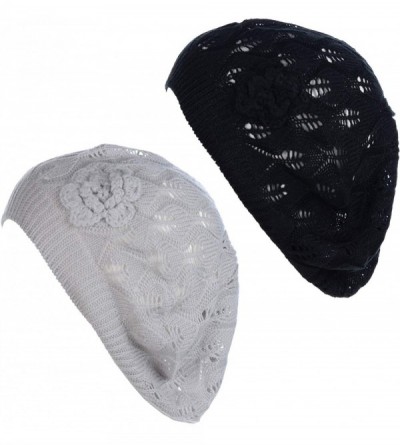 Berets Chic Parisian Style Soft Lightweight Crochet Cutout Knit Beret Beanie Hat - C7198RTASKQ $14.18