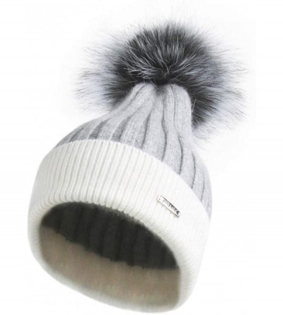 Skullies & Beanies Women's Girls Slouchy Beanie Hat with Fur Pompom Warm Winter Hat - Womens Gray White Hat-gray Fur - CS18KS...