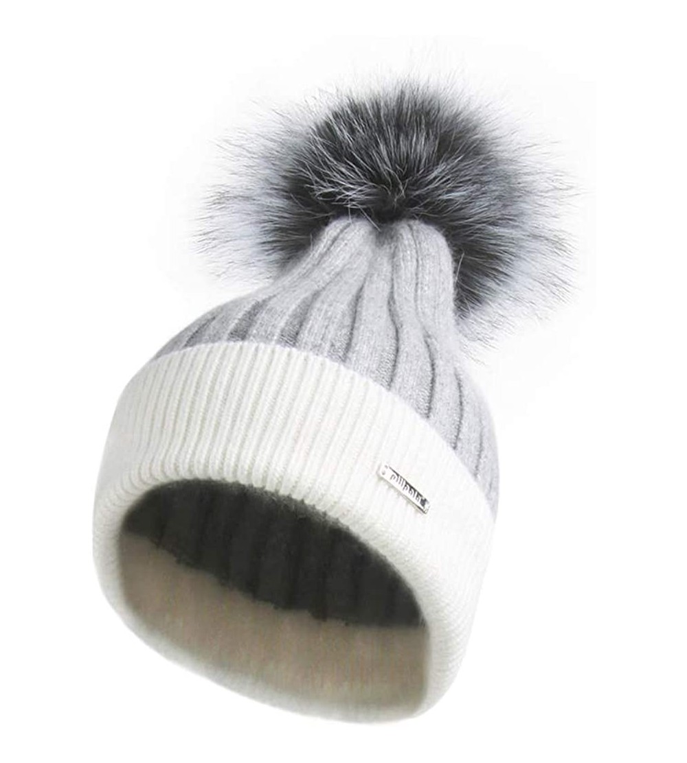 Skullies & Beanies Women's Girls Slouchy Beanie Hat with Fur Pompom Warm Winter Hat - Womens Gray White Hat-gray Fur - CS18KS...