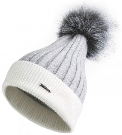 Skullies & Beanies Women's Girls Slouchy Beanie Hat with Fur Pompom Warm Winter Hat - Womens Gray White Hat-gray Fur - CS18KS...