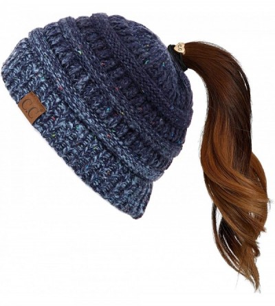 Skullies & Beanies Ribbed Confetti Knit Beanie Tail Hat for Adult Bundle Hair Tie (MB-33) - Navy Ombre - CA18I4XU65H $12.69