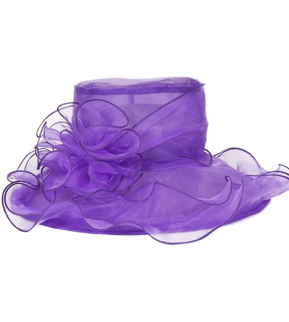 Sun Hats Ladies Wide Brim Organza Derby hat for Kentucky Derby Church Tea Party Wedding - S09-purple - CQ18R3CM2ME $18.52