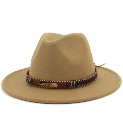 Fedoras Men Women Ethnic Felt Fedora Hat Wide Brim Panama Hats with Band - Camel - CB18KAD3DWQ $13.00