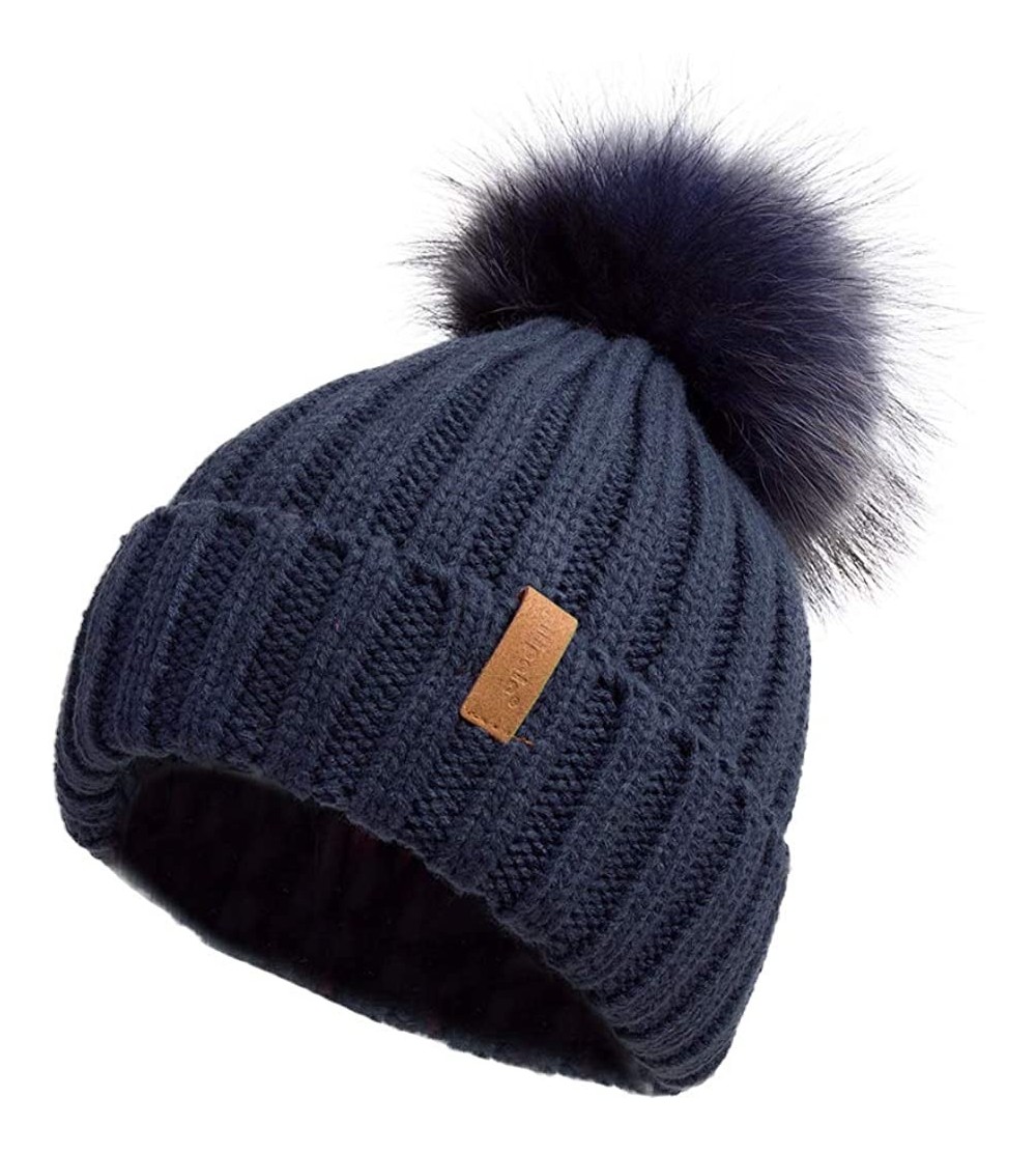 Skullies & Beanies Women Winter Knitted Beanie Hat with Fur Pom Bobble Hat Skull Beanie for Women - Dark Blue( Blue Pompom) -...