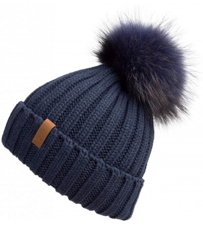 Skullies & Beanies Women Winter Knitted Beanie Hat with Fur Pom Bobble Hat Skull Beanie for Women - Dark Blue( Blue Pompom) -...