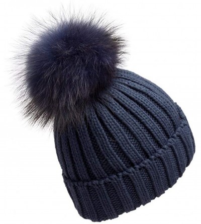 Skullies & Beanies Women Winter Knitted Beanie Hat with Fur Pom Bobble Hat Skull Beanie for Women - Dark Blue( Blue Pompom) -...