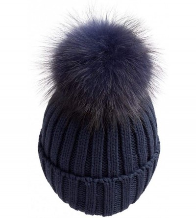 Skullies & Beanies Women Winter Knitted Beanie Hat with Fur Pom Bobble Hat Skull Beanie for Women - Dark Blue( Blue Pompom) -...