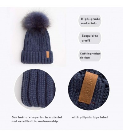 Skullies & Beanies Women Winter Knitted Beanie Hat with Fur Pom Bobble Hat Skull Beanie for Women - Dark Blue( Blue Pompom) -...