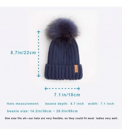 Skullies & Beanies Women Winter Knitted Beanie Hat with Fur Pom Bobble Hat Skull Beanie for Women - Dark Blue( Blue Pompom) -...