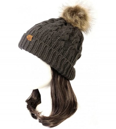 Skullies & Beanies Winter Warm Cable Knit Faux Fur Pom Pom Beanie - Adult Charcoal Gray - CL180G8S48O $27.31