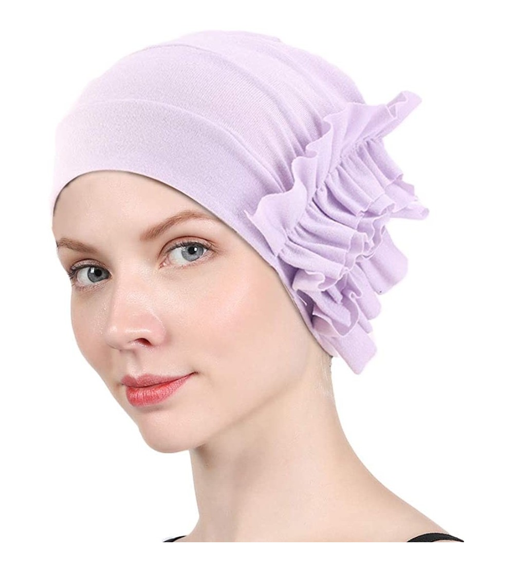 Skullies & Beanies New Women's Cotton Flower Elastic Turban Beanie Chemo Cap Hair Loss Hat - Light Purple - CR18RQ6RO6G $10.27