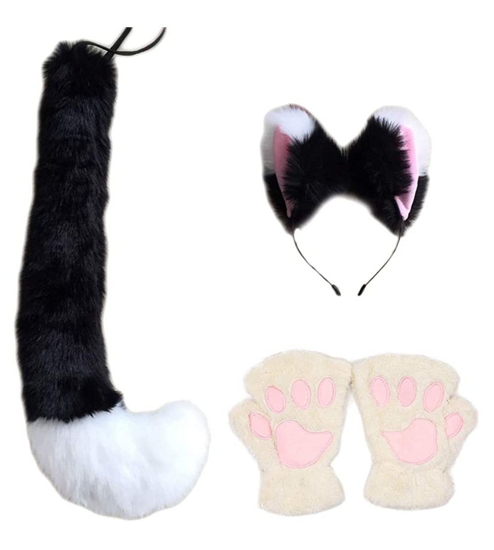 Headbands Party Cosplay Costume Fox Ears Faux Fur Hair Hoop Headband + Tail Set - C2 Polyester Set(black White) - CD18UA92X37...