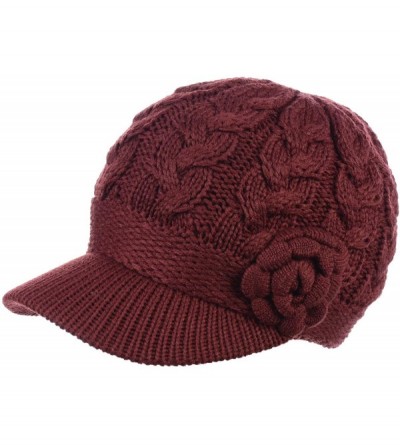 Skullies & Beanies Women's Winter Fleece Lined Elegant Flower Cable Knit Newsboy Cabbie Hat - Wine Cable Flower - CA18IIL2ZCS...