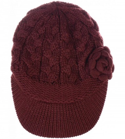 Skullies & Beanies Women's Winter Fleece Lined Elegant Flower Cable Knit Newsboy Cabbie Hat - Wine Cable Flower - CA18IIL2ZCS...