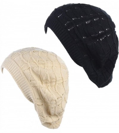 Berets Chic Soft Knit Airy Cutout Lightweight Slouchy Crochet Beret Beanie Hat - 2-pack Cream & Black - CY18LEL3CAW $33.66