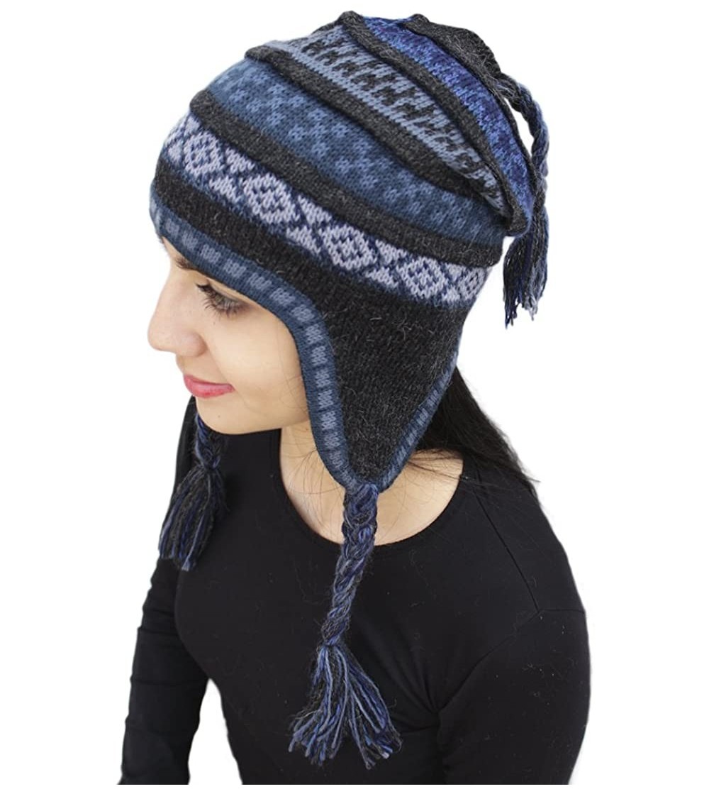 Skullies & Beanies Superfine 100% Alpaca Wool Handmade Intarsia Chullo Ski Hat Beanie Aviator Winter - Charcoal Gray/Blue - C...