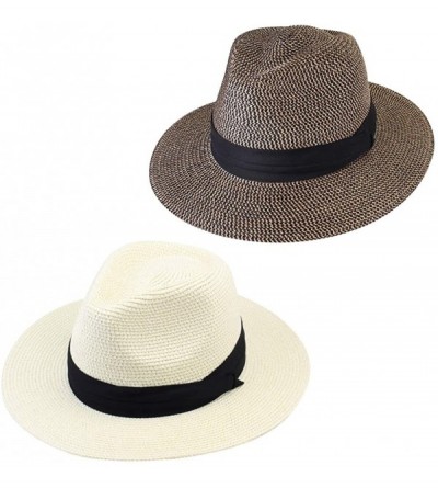 Sun Hats Panama Hat Sun Hats for Women Men Wide Brim Fedora Straw Beach Hat UV UPF 50 - 2 Pcs Ivory/Black Brown - CJ18NDXS6QE...
