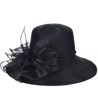 Sun Hats Kentucky Derby Church Dress Hat Wide Brim Leaf Flower Bridal Shower Hat - Black - CX12O3ANHQA $21.77