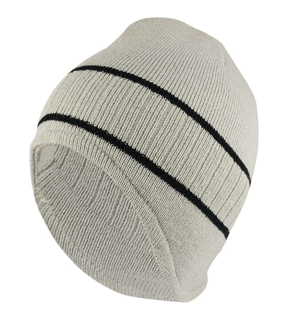 Skullies & Beanies Double Striped Acrylic Knit Warm Winter Beanie Cap - Grey Black - CX18636K8I2 $12.30