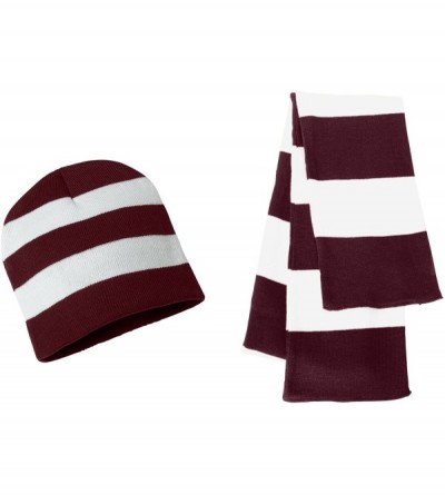 Skullies & Beanies Knit Collegiate Rugby Stripe Winter Scarf & Beanie Hat Set - Maroon/White - CR119VEI1RH $18.92