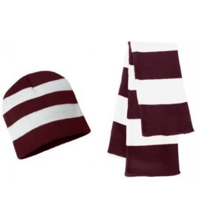 Skullies & Beanies Knit Collegiate Rugby Stripe Winter Scarf & Beanie Hat Set - Maroon/White - CR119VEI1RH $18.92
