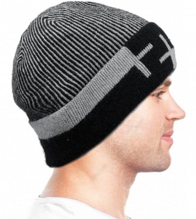 Skullies & Beanies Men's Wool Blend Knit Beanie- Soft & Warm Velour Fleece Lined - Striped - Black - CK1270EPP7D $20.01