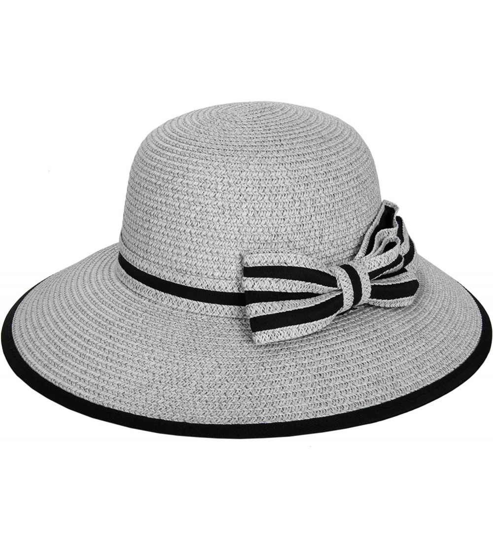 Sun Hats Ladies Women Straw Panama Summer Beach Sun Hat Trilby Fedora w- Bow Band - Grey - CY17YQS4A2E $10.61