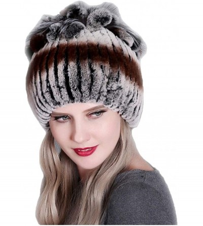 Skullies & Beanies Fur Hat Real Rex Rabbit Fur and Silver Fox Fur Top Flower Shape Cap Women Elastic Winter Warm - Gray + Cof...