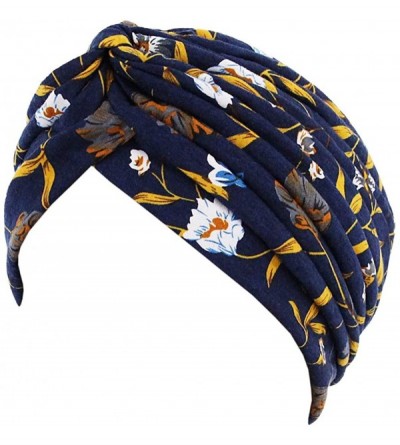 Skullies & Beanies Women Pleated Twist Turban African Printing India Chemo Cap Hairwrap Headwear - Navy Blue - C518WAWRTAQ $1...