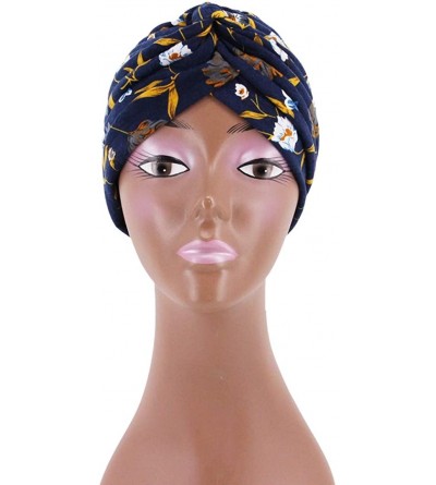 Skullies & Beanies Women Pleated Twist Turban African Printing India Chemo Cap Hairwrap Headwear - Navy Blue - C518WAWRTAQ $1...