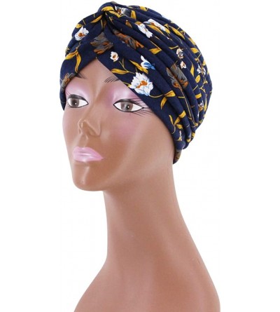 Skullies & Beanies Women Pleated Twist Turban African Printing India Chemo Cap Hairwrap Headwear - Navy Blue - C518WAWRTAQ $1...