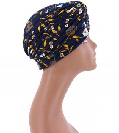 Skullies & Beanies Women Pleated Twist Turban African Printing India Chemo Cap Hairwrap Headwear - Navy Blue - C518WAWRTAQ $1...