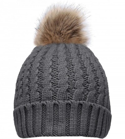Skullies & Beanies Women's Winter Ribbed Knit Faux Fur Pompoms Chunky Lined Beanie Hats - Rope Charcoal - CZ184RQ0ZYX $7.59