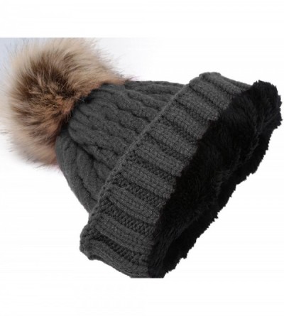 Skullies & Beanies Women's Winter Ribbed Knit Faux Fur Pompoms Chunky Lined Beanie Hats - Rope Charcoal - CZ184RQ0ZYX $7.59