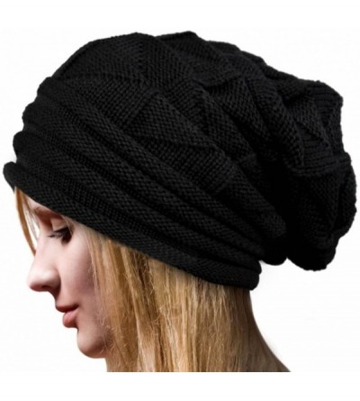 Skullies & Beanies Pleated Cuffed Wool Knit Hat- Sttech1 Women Winter Crochet Hat Wool Knit Beanie Warm Caps (Black) - Black ...