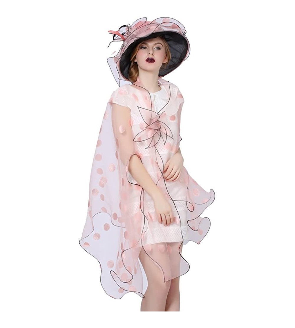 Sun Hats Women Race Hats Organza Hat with Ruffles Feathers - Pink-2 - CK182SH5C9Y $49.40