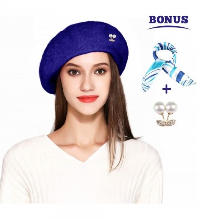 Berets Wool Beret Hat Solid Color French Artist Beret Skily Scarf Brooch - Sapphire Blue - C118KLMIXLM $13.85