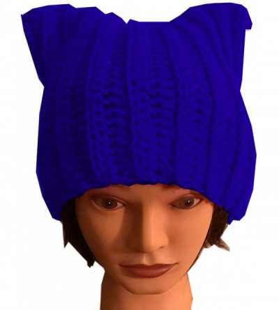 Skullies & Beanies Handmade Knitted Pussy Cat Ear Beanie Hat for Women's March Winter Gifts - Blue - CT189S8764Y $13.03