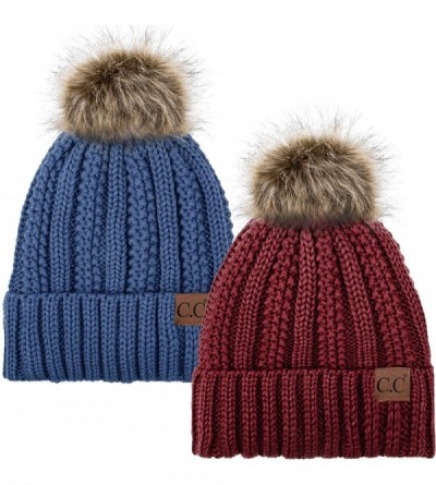 Skullies & Beanies Thick Cable Knit Hat Faux Fur Pom Fleece Lined Cap Cuff Beanie 2 Pack - Burgundy/Dk Denim - CN1924AMUX2 $2...