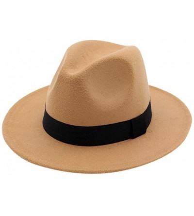 Fedoras Mens Fedora Hat Faux Felt Wide Brim Belt Buckle Cowboy Hat - C Khaki - CR1933YXX9Z $22.92