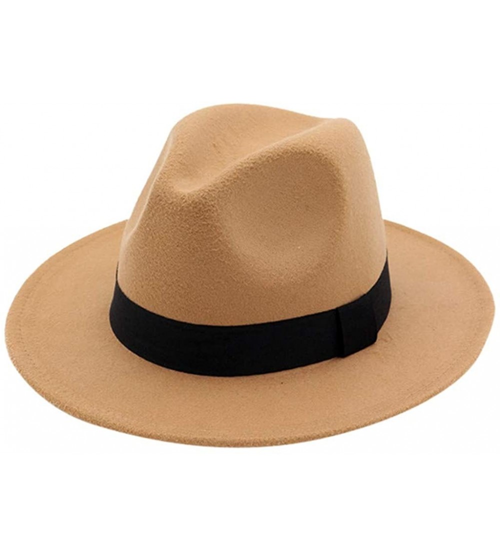 Fedoras Mens Fedora Hat Faux Felt Wide Brim Belt Buckle Cowboy Hat - C Khaki - CR1933YXX9Z $13.81
