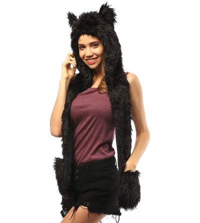 Skullies & Beanies Faux Fur Animal Hat Scarf Gloves Mittens 3-in-3 Function Furry Hoodie with Paws Ears - Black Panther Hood ...