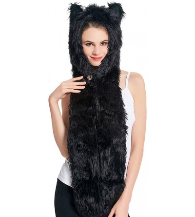 Skullies & Beanies Faux Fur Animal Hat Scarf Gloves Mittens 3-in-3 Function Furry Hoodie with Paws Ears - Black Panther Hood ...