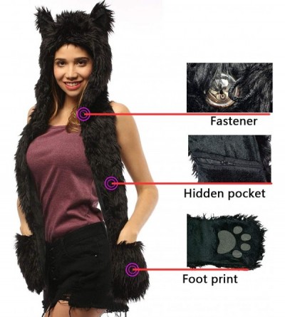 Skullies & Beanies Faux Fur Animal Hat Scarf Gloves Mittens 3-in-3 Function Furry Hoodie with Paws Ears - Black Panther Hood ...