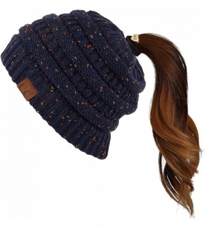 Skullies & Beanies Ribbed Confetti Knit Beanie Tail Hat for Adult Bundle Hair Tie (MB-33) - Navy - C6189C0GU4N $12.69