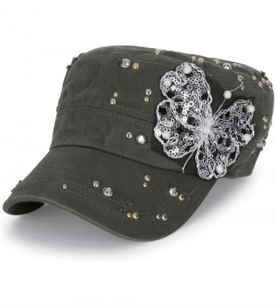 Baseball Caps Vintage Distressed Cotton Rhinestone Embellished Hat Military Cadet Cap - Dark Olive Green - CX12DOILFFZ $27.41